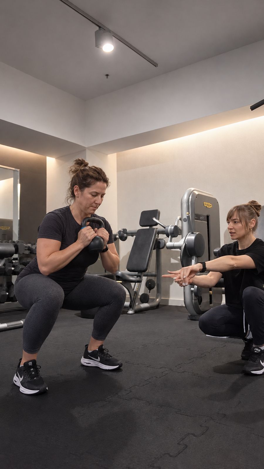 Ania prowadzi przysiad z kettlebellem z klientką